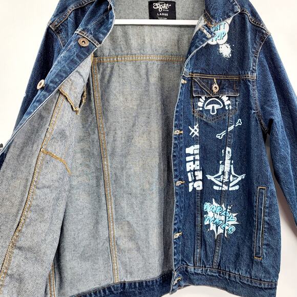 Eighty Eight Blue Denim Jean Don't Trip Stay Trippy Trucker Jacket Men's Size L - Picture 3 of 12